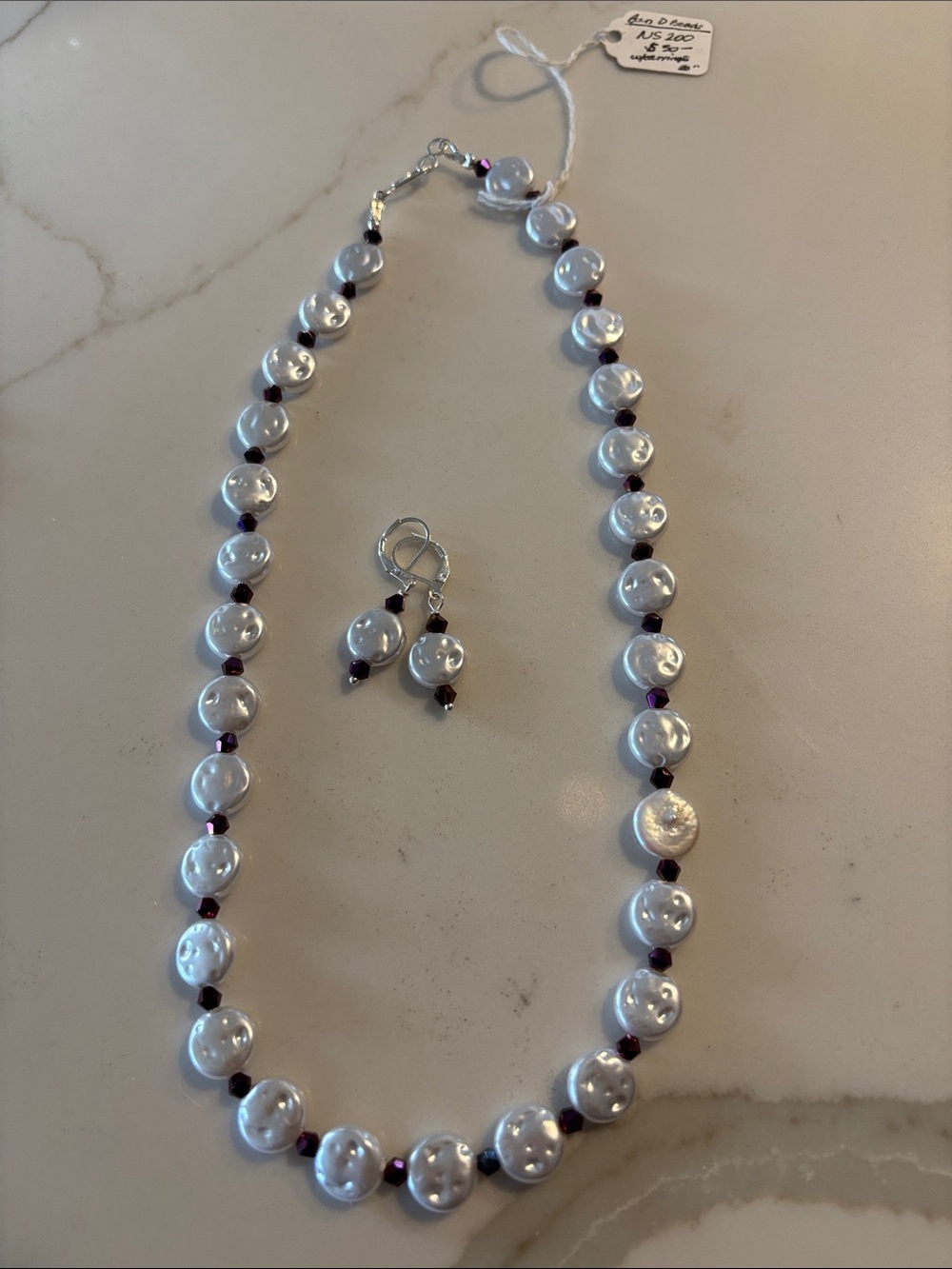 Necklace & Earring Set: Flat fresh water pearls with magenta crystal spacers